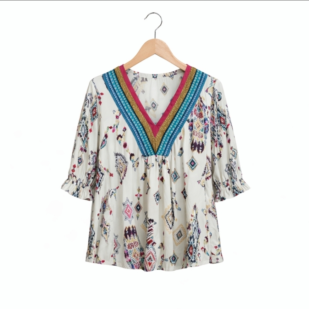 🎉Cato White Multicolored Bohemian Peasant Top Sz L